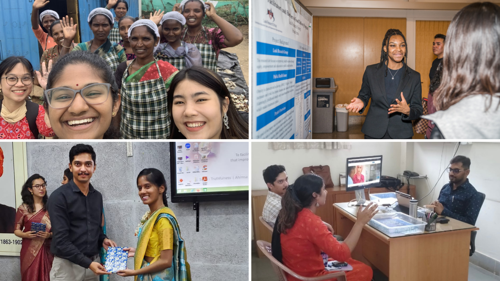 Collage featuring 4 images: a group of people waving, a student presenting a poster, 3 people seated at a desk, and a student receiving an award