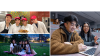 3 image collage: one photo of students working at Cornell Dining, one of 4 students gathered on a quad, one of 2 students working together on a laptop